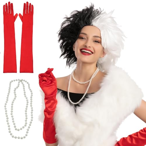 Spooktacular Creations Donne Crudelia Lady Costume Parrucca Set con guanti, supporto e collana Bob corto ondulato Parrucca Halloween Parrucca Cosplay Party Accessori (bianco e nero)