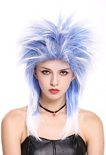 WIG ME UP 90891-ZAC3TZA60 Parrucca Donna Uomo Carnevale Anni 80 Wave Punk Popstar Mix Blu & Bianco Cotonata