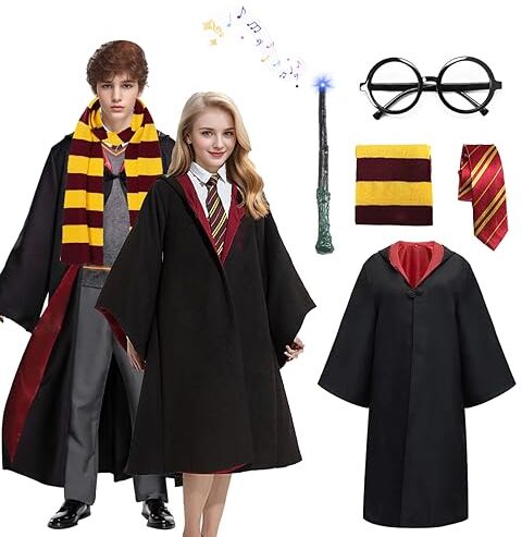 Amycute Costume di Wizard, Mantello da Mago, Occhiali da Mago, Bacchetta Magica, Cravatta, Sciarpa, Mago Costume Bambini Adulti per Halloween Natale Carnevale Cosplay (L)