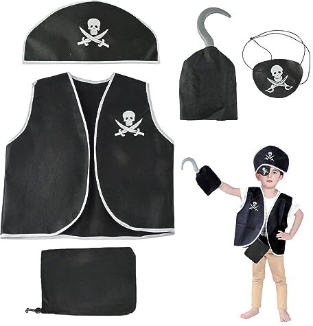 MIVAIUN 5 Pezzi Set di Costumi da Pirata Bambini Accessori da Pirata Cappello da Pirata Gilet Portafoglio Toppe Occhio Pirata Gancio Accessori per Costume Pirata per Halloween Festa Cosplay (5 Pezzi)