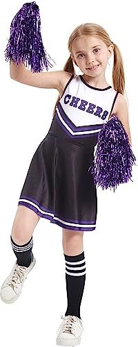 LOLANTA Costume Cheerleader Bambina,Raggaze Vestito Carnevale Cheerleadering con Pompon (13-14 anni, Nero,Tag M/170)