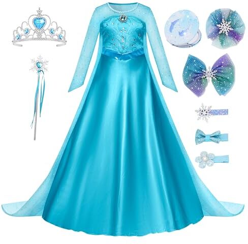 YONIER Costume da principessa Elsa per bambine,Set da Principessa Elsa Corona Bacchetta Guanti Treccia,vestito da principessa,regina delle nevi Frozen-Costume da bambina,Blu,120