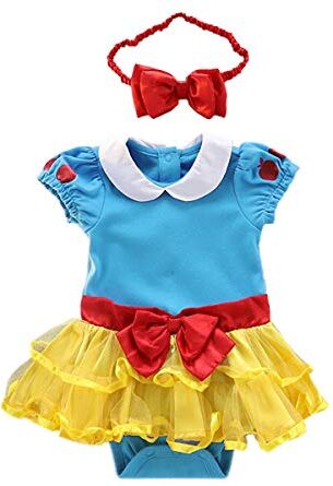 MYRISAM Vestito da Principessa Biancaneve Pagliaccetto per Bimba Bambina Costume di Carnevale Halloween Cosplay Compleanno Body Festa Natale Abiti con Archetto 12-18 mesi