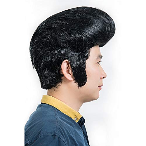 GJBXP Parrucca cosplay cantanti rock da uomo Elvis Aron Presley Party Punk Elvis Presley in stile parrucche di capelli neri + cappuccio parrucca