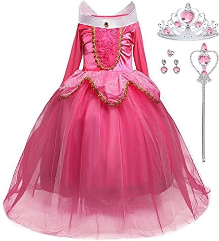 LiUiMiY Costumi Bambina Principessa Vestito Carnevale Lunga Manica Tulle Diadema Cosplay Festa Nuziale Compleanno Carnevale Abito per Ragazze, rosa, 34-40 (etichetta 40)