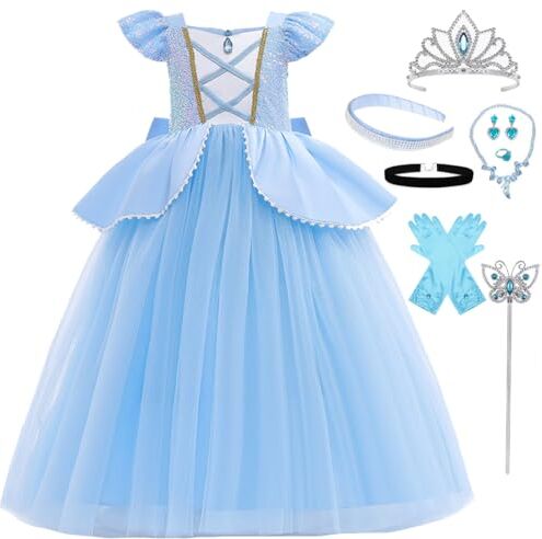 LiUiMiY Vestito Principessa Cenerentola Bambina Costume Tulle Ragazza con Accessori per Halloween Carnevale Festa Compleanno, 6-7 Anni (Etichetta 140)