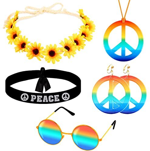 Shalwinn Hippie Costume Set Set di Accessori Hippie Costume, fascia per segno della pace, collana e fascia per capelli arcobaleno, stile retrò, hippie, accessori per La Festa del Festival