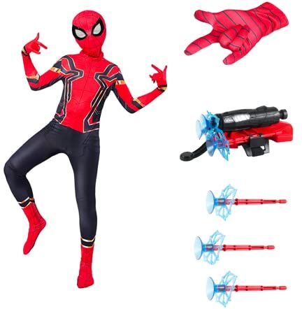 RECONA Costume Spiderman Bambino 3 a 10 anni + lanciatore + maschera guanti bambino regalo