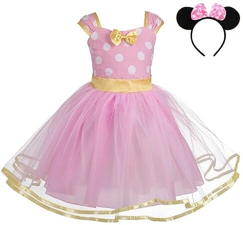 Lito Angels Vestito Costume Minnie per Bambina con Cerchietto, Taglia 2-3 Anni, Rosa Caldo Pois (Etichetta in Tessuto 110)