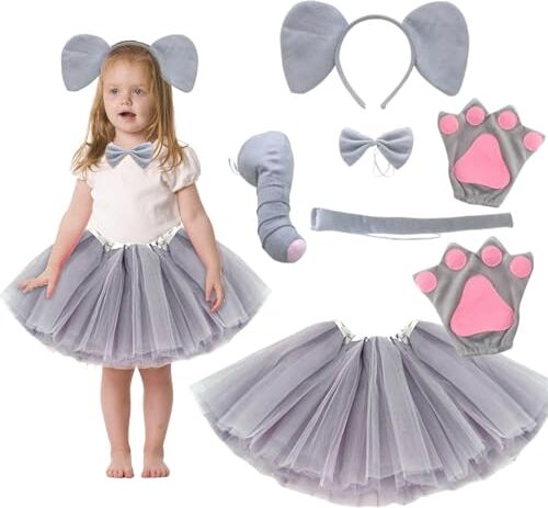 Oneshlee Costume Carnevale Bambina 3-8 Anni, Vestito Carnevale Bambina Animali, Costumi Halloween Bambini, Tutu Vestiti In Tulle Abito Accessori Cerchietti Orecchie Coda Guanti Per Festa Cosplay (Elefante)