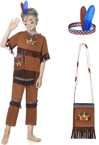 JONRRYIN Costume Indiano Bambini Ragazze, Vestito Indiano con Piuma Copricapo Indiano, Costume Carnevale Indiano con Tasche, Vestito Indiano Signore per Carnevale Cosplay Party (Ragazzo，S)