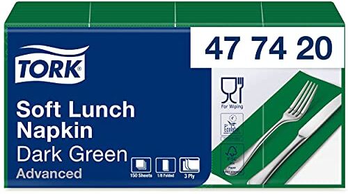 Tork Tovagliolo Lunch Soft verde scuro (piegato in 8) Advanced, 3 veli, 10 pacchi x 150 tovaglioli (1500 pz), 33 cm (lungh.) x 32,6 cm (largh.)