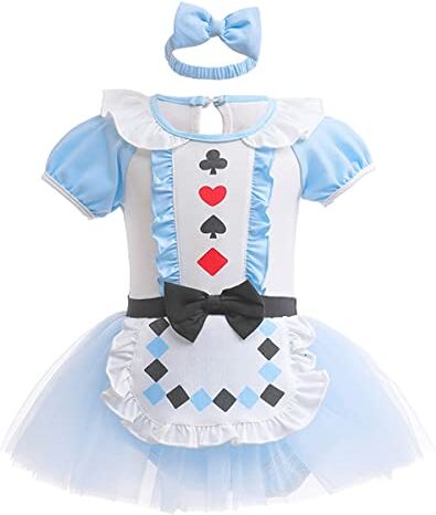 HIHCBF Neonata Costume di Carnevale Vestito da Principessa Alice Pagliaccetto per Bimba Compleanno Festa Halloween Cosplay Natale Abitini per Bambina con Archetto 3-6 mesi