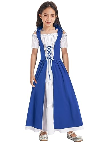YUUMIN Costume da principessa Clarissa medievale per bambina Vestito Rinascimentale Cosplay Travestimento Costume di Carnevale Halloween Fancy Dress A Blu 7-8 anni