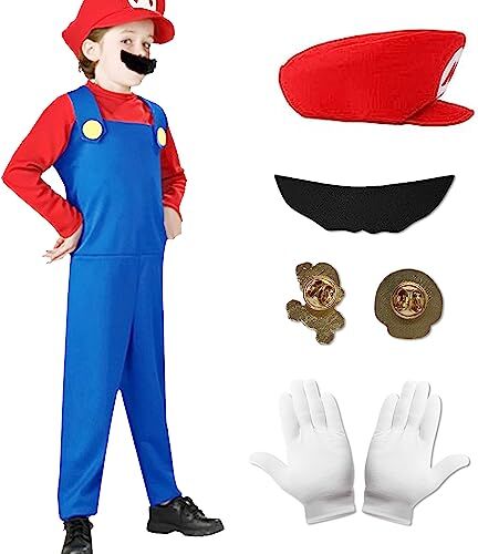 Marypaty Costume Mario Adulto Bambini, Costume Mario-bros con Cappello, per feste di Halloween, feste di Carnevale. (L, Bambini (Rosso))