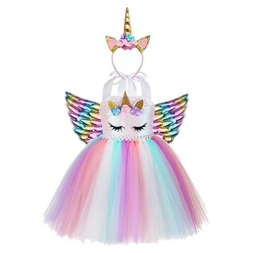 AJEUNGAIN Vestito Unicorno Bambina, Glitter Costume Carnevale Bambina Unicorno, Principessa Vestito Bambina per Compleanno Festa (5 anni, Arcobaleno 1)