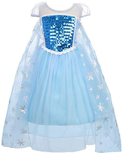 Lito Angels Vestito Principessa Elsa con Strascico Fiocco di Neve per Bambina, Costume da Regno di Ghiaccio, Taglia 5-6 anni, Stile B Manica Corta