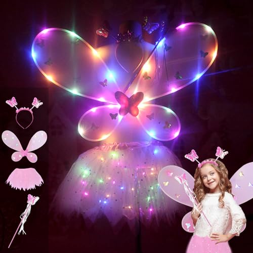 DAZZTIME Costume da Principessa delle Fate,Set di 4 ali a Forma di Farfalla,Ali di Fata Luminose,con Ali di Farfalla,Bacchetta Magica e Set di Cerchietti,per Halloween Carnevale Carnival Cosplay