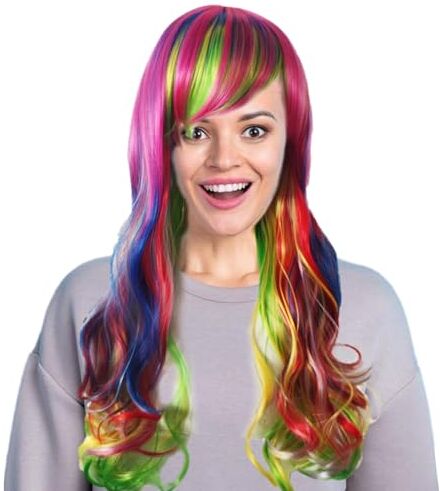 Generic Parrucca color arcobaleno, parrucca lunga colorata, Parrucche per capelli ondulati da donna, Parrucche multicolori per feste festive, feste in costume, carnevale, Halloween, giochi di ruolo