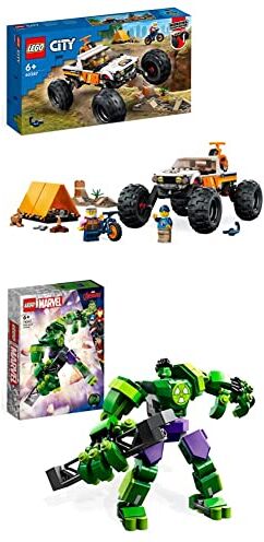 Lego 60387 City Avventure sul Fuoristrada 4x4, Veicolo Giocattolo Stile Monster Truck & 76241 Marvel Armatura Mech Hulk, Set Action Figure Supereroe Avengers