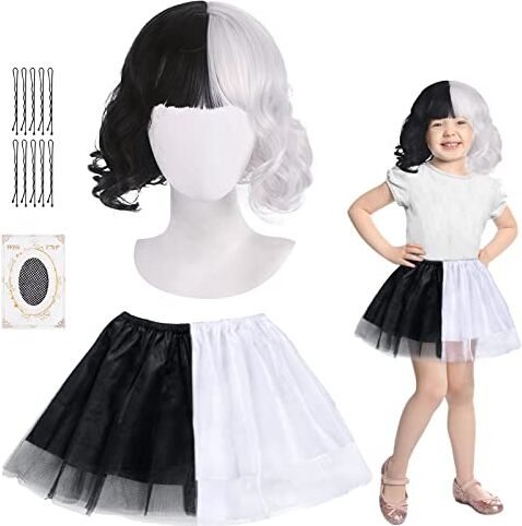 Fennoral 2 Pz Set Costume da Crudelia Deville Costume da Bambina Crudelia Costumi Strega in Bianco e Nero-Parrucca Crudelia DemonTutù Tulle-per Carnevale Travestimento Imitazione Cosplay Festa Regalo