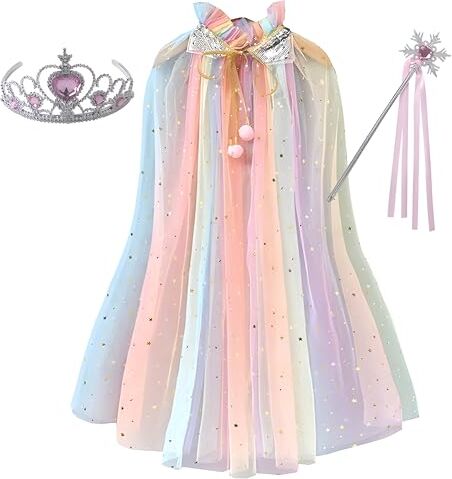 Proumhang Set di Costumi da Principessa 3pcs,Mantello Colorato con Corona di Bacchetta,Principessa Fancy Dress Halloween Costume Scintillante Paillettes Tulle Colori 1 S