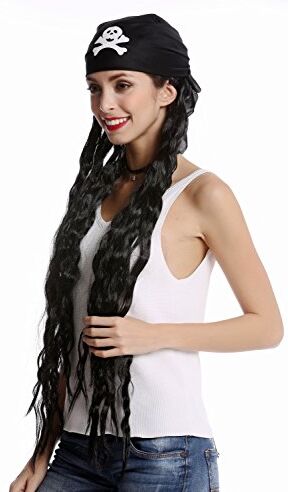 WIG ME UP -90895-ZA103 Parrucca & Fazzoletto/Bandana con Teschio Donna Uomo Carnevale Pirata Piratessa Lunga Nero Wild Quasi Dreadlock Rasta