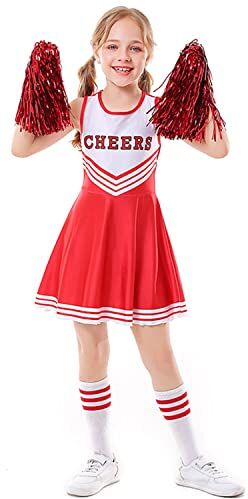 LOLANTA Costume Cheerleader Bambina,Raggaze Vestito Carnevale Cheerleadering con Pompon (13-14 anni, Rosso,Tag M/170)