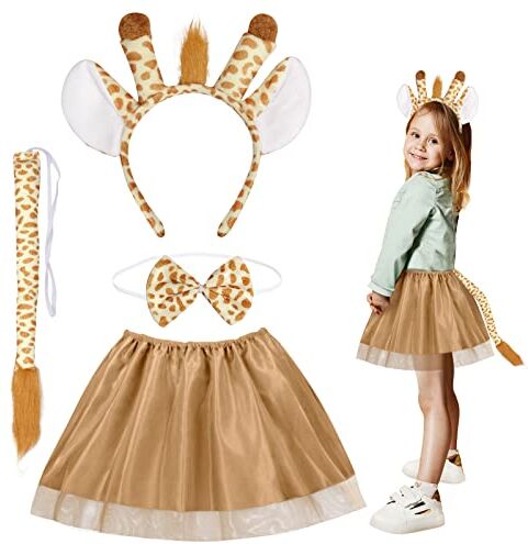 Fennoral 4pz Set Costume Giraffa Bambina Costumi Animali Bambini Costume per Travestimento da Giraffa-Fascia Papillon Coda Tutù Tulle-per Carnevale Travestimento Imitazione Cosplay Festa Regalo