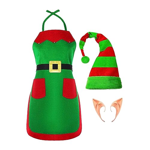 GIBOH Costume da elfo adulto Cappello di peluche Elfo di Natale con strisce rosse e verdi,Divertenti abiti per adulti per giochi di ruolo in feste, grembiuli da cucina natalizi per donne adulte