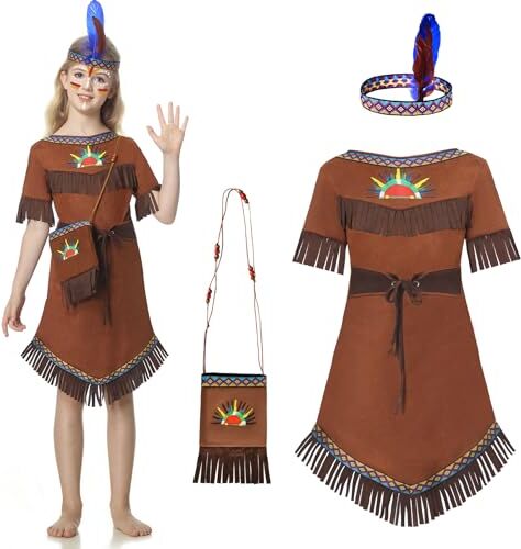 JONRRYIN Costume Indiano Bambini Ragazze, Vestito Indiano con Piuma Copricapo Indiano, Costume Carnevale Indiano con Tasche, Vestito Indiano Signore per Carnevale Cosplay Party (S)