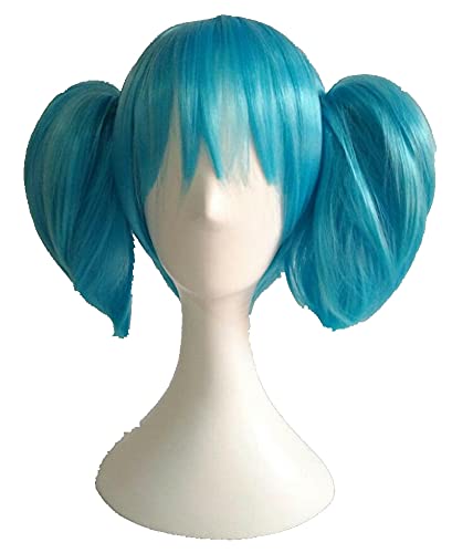 LINLINCD Parrucca cosplay anime SallyFace Sally Face Cosplay Parrucca corta blu con due clip coda di cavallo parrucca sintetica resistente al calore+cappuccio parrucca parrucca
