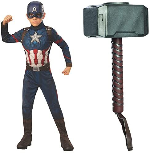 Rubie's Rubies Costume Capitan America Endgame per bambini, Tuta, copristivali e maschera & Martello di Thor Bambino in Plastica, Impugnatura in Plastica Stampata