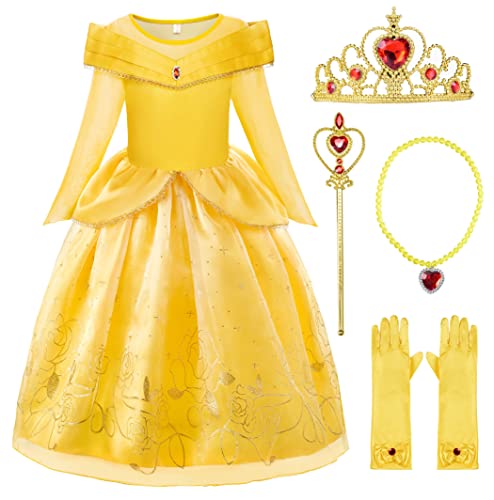 ReliBeauty Vestito Costume Principessa Carnevale Bambina Halloween Giallo con Accessori,130