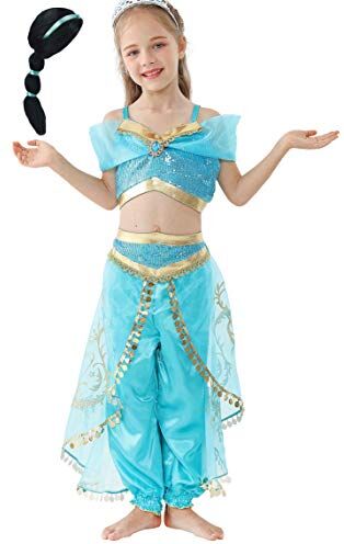 Lito Angels Costume Vestito Principessa Jasmine con Parrucca di Capelli per Bambina Taglia 8-9 Anni, A