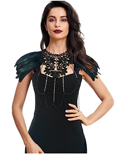 keland Donne Rave Vestito Pizzo Collare Piume Spalline Mantello Top con Catena Reggiseno Bodychain per Halloween Cosplay (Nero-003)