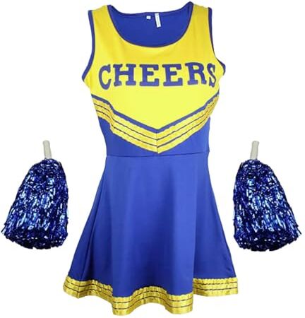 Ovender Vestito Cheerleader Costume Pom poms Fancy Dress Carnevale Natale Halloween Donna Adulto Cosplay Festa Party Ballo (M, Giallo)