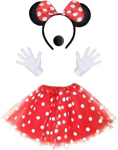 iZoeL Minnie Costume Ragazza, 1 tutù di Minnie 1 Fascia per Orecchie da Topo 2 Guanti Bianchi 1 Naso Nero, per Costume Carnevale Festa di Compleanno Costume Halloween per Ragazze Bambini