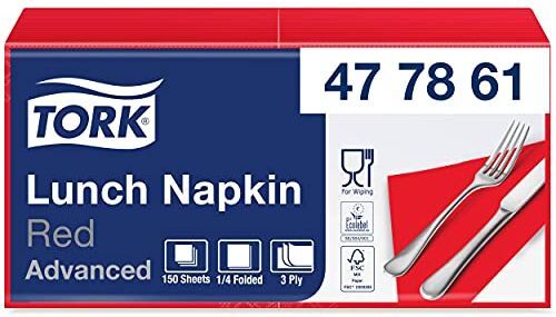 Tork Tovagliolo Lunch Soft rosso Advanced, 3 veli, piegato in 4, 10 pacchi x 150 tovaglioli (1500 pz), 33 cm (lungh.) x 32,6 cm (largh.)