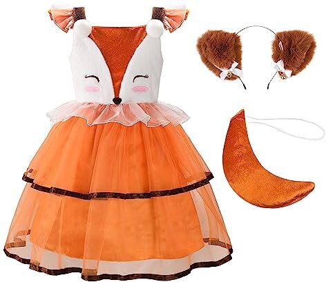 ReliBeauty Costume Volpe Bambina Vestito Carnevale Animale Volpe con Accessori per Ragazza Halloween, 7-8 anni(120 cm)