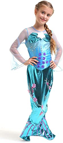 Tante Tina Vestito da Sirena per Bambina Costume da Sirena con Gonna rasoterra e Spacco Posteriore per Un Maggiore Movimento Blu Taglia L (140) Indicato per Bambini dai 8 ai 10 Anni