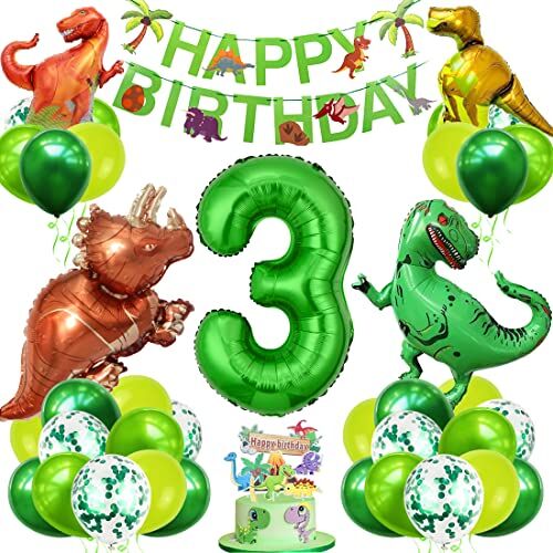 Bluelves Decorazioni Compleanno Dinosauri, Palloncino Numero 3，Decorazioni Compleanno 3 Anno, Festa Tema Dinosauri, Palloncini Compleanno Dinosauri per Bambini Festa nella Giungla