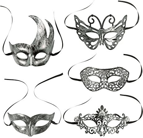 GOMEON 5 Pezzi Maschera Di Halloween, Mezza Faccia Maschere Veneziana Argento Vintage Antichi Masquerade Viso Maschera per Uomini e Donne Veneziano Costume Carnevale Feste Di Fine Anno