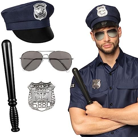 Boland Set polizia, berretto, occhiali da festa, distintivo e manganello 33 cm, nero-argento, sceriffo, poliziotto, costume, carnevale, festa motto