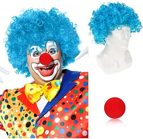 Pwsap Parrucca Afro, Funky Parrucca Corta Riccia Pagliaccio Parrucca con Ricci per Party Travestimento Carnevale Halloween Cosplay Props Foto Circo Unisex per Donne Uomini, con Nasi Rossi da Clown, Blu