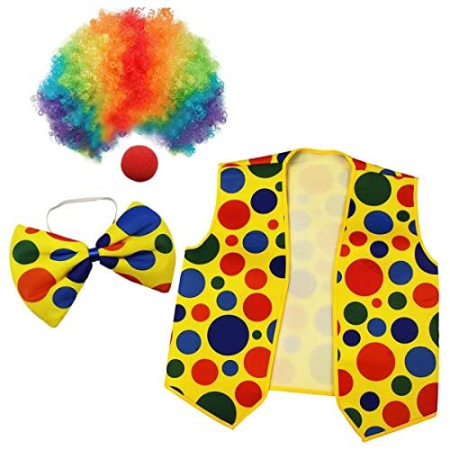 Ghulumn Confezione da 4 Pezzi di Costume da Clown, Parrucca da Pagliaccio al Naso, Papillon e Gilet, per Feste di Cosplay, Carnevali, Giochi di Ruolo
