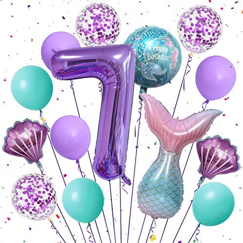 Teselife Sirena Palloncini Compleanno 7 Anno Palloncino con Numero 7 Viola 40 Pollici Palloncino a Forma di Sirena Conchiglia per Bambine 7 Anni Sirena Tema Feste Decorazione di Compleanno Accessorio