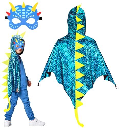 Landifor 2pz Costume da Mantello da Dinosauro Mantello Dinosauro Bambino Dinosauri per Bambini Mantello con Maschera Cosplay Drago Blu-per Bambini Festa Idea Regalo Carnevale Travestimento