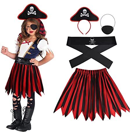 Aomig Costume Pirata per Bambini, 4 Pc Pirate Costume Bambina, Costume Pirata Set di Costume Carnevale Pirata con Accessori Cappello, Maschera, Cintura con teschio, Costume da Bambina Halloween-S