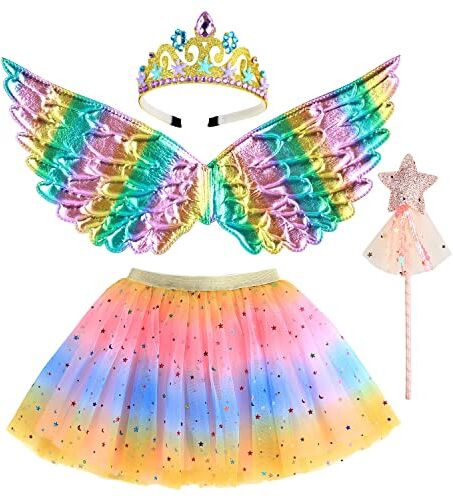 M MUNCASO Ragazze Fata Costume Fancy Dress Up Set di costumi da farfalla Principessa Abito Set di costumi in tulle con ali di farfalla, bacchetta magica e set di cerchietti per bambine 3-8 anni